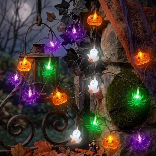 LAMPHOME Halloween String Lights, 20 LED Pumpkin Ghost Bat Spider Decor Lights, Battery Operated with Timer, 8 Modes Waterproof Fairy Lights for Indoor Outdoor Halloween Party Home Decor - Image 2