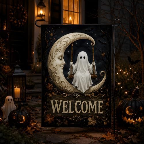 Halloween Decorations - Ghost Swinging on Moon Welcome Garden Flag - Image 6