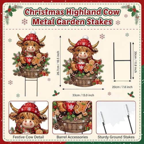 Amyhill Christmas Highland Cow Outdoor Decor Christmas Metal Yard Signs with Stakes Cow Gnomes with Santa Hat Decorative Lawn Sign for Indoor Outside Garden Pathway Walkway Xmas Party Decor - Image 3