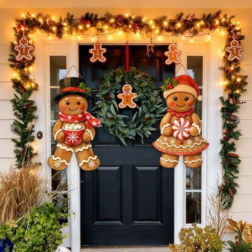 2 Pcs Christmas Door Decor, Gingerbread Man Woman Wood Welcome Sign Decor - Image 5