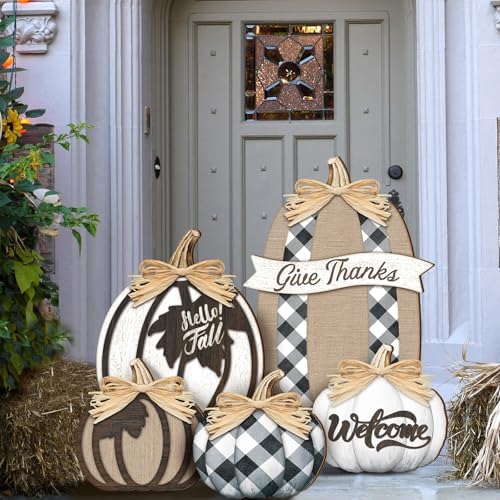 GlikCeil 5 Pcs Fall Pumpkin Signs Give Thanks Outdoor Thanksgiving Decor - Image 6