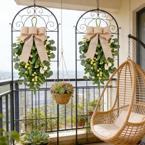2 PCS 22" Artificial Green Eucalyptus Teardrop Swag for Front Door Greenery Swag Spring Summer Olive Kitchen Cabinet Wreath with White Berry for Farmhouse Home Porch Wall Window Festival Wedding Decor - Image 5