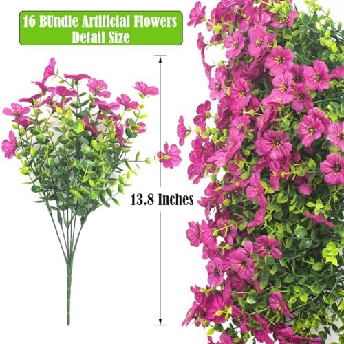 Grunyia Artificial Fake Flowers for Outdoor Spring Decoration, 16 Bundles Faux Silk Colorful Daisy UV Resistant Realistic for Outside Porch Patio Home Yard Garden Planters Pots Window Box (Red Purple) - Image 2