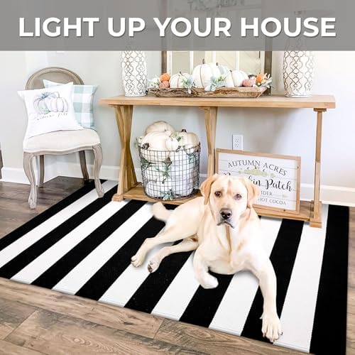 IOHOUZE 3x5 Striped Outdoor Rug, Washable Front Porch, Black/White - Image 4