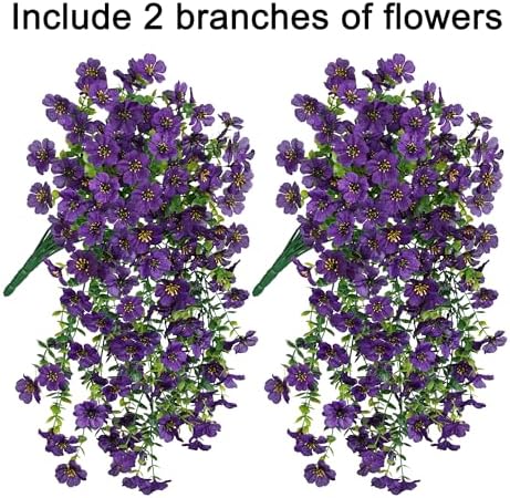 Artificial Faux Hanging Flowers Plants for Spring Outdoor Outside Decoration, 2 PCS Fake Silk Daisy with Eucalyptus UV Resistant Realistic Trailing Vines for Balcony Patio Porch (Dark Purple) - Image 2