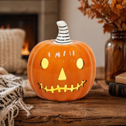 Ceramic Halloween Pumpkin Decor with Built in LED Light Battery Included Glossy Jack O Lantern Tabletop Decoration 5.5" Lighted Pumpkin for Indoor Fall Harvest Home Decor - Image 2