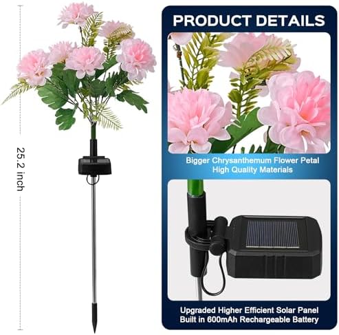 2 Pack Solar Garden Lights Outdoor, LED Colorful Waterproof Solar Powered Chrysanthemum Flowers Landscape Lights for Patio, Outside Yard, Pathway Decorative, Décor, Gifts, Two Lighting Modes - Image 4
