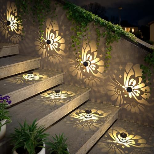 Hapjoy Solar Fence Lights 2 Pack Outdoor Deck Step Wall Lights Metal Waterproof LED Warm Yellow Light for Garden Post Patio Backyard Yard Decor (Butterfly-Flower, 2) - Image 5