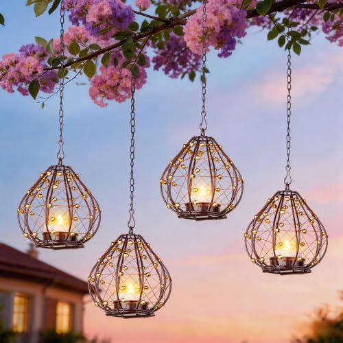 Outdoor Solar Hanging Lantern, 4 Pack Hand Woven Copper Wire Teardrop Candle Holders with Solar Tea Lights, IP65 Waterproof Chandelier for Gazebo, Tree, Pergola, Patio Garden Decor by ALLFORTUNE