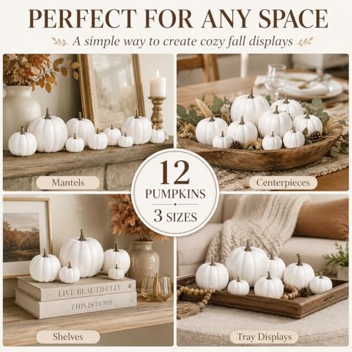 12-Pack Artificial White Mini Pumpkins in 3 Sizes for Fall Decorations - Image 7