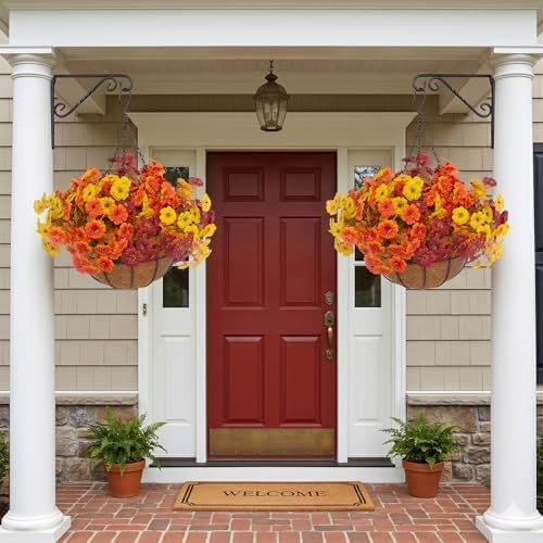 Hananona 2 Set Artificial Outdoor Fall Flowers with Hanging Basket, 2 Packs Hanging Planters with 24 Pcs Faux Fall Mums for Autumn Front Porch Garden Patio Home Decor (2, Orange,Yellow,Burgundy) - Image 4