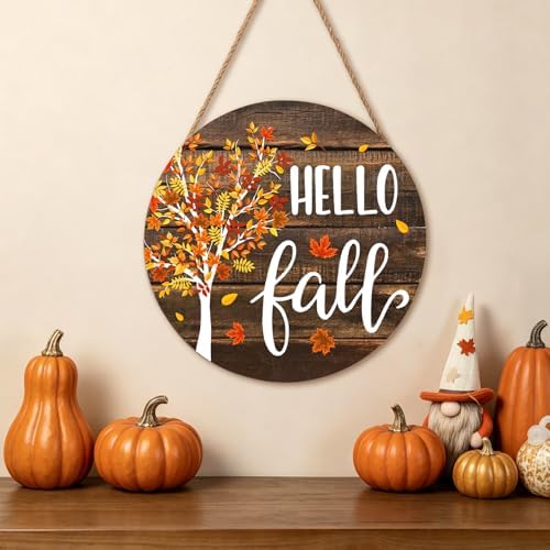 Hello Fall Wreath for Front Door Fall Tree Welcome Door Sign 12x12 Inch Autumn Maple Leaves Wood Door Hanger Farmhouse Thanksgiving Hanging Plaque for Home Porch Wall Indoor Outdoor Decorations - Image 3