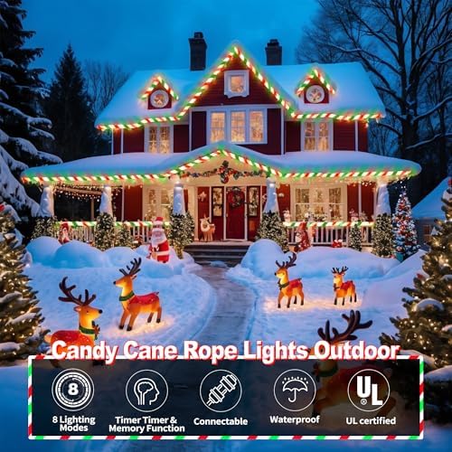 Toodour Christmas Candy Cane Lights, 50ft 360 LED Candy Cane Rope Lights Outdoor with 8 Modes, Connectable, Timer, Waterproof Red White Green Christmas Light for Garden Patio Bedroom Party Xmas Decor - Image 3