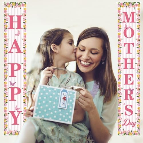 71 x 12 Inches Happy Mother's Day Door Banner Porch Sign for Doorway Yard, Floral Tulips Butterflies and Stripes Theme Decor, Outdoor Indoor Front Door Wall Large Hanging Welcome Sign Party Decoration - Image 4