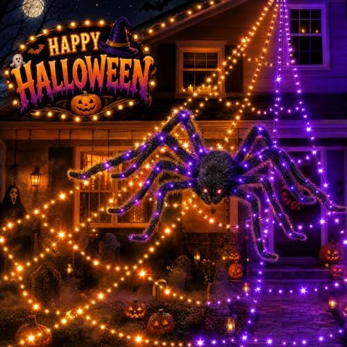 Makion 550 LEDs Halloween Decorations Outdoor Spider Web Lights with Spider by Makion