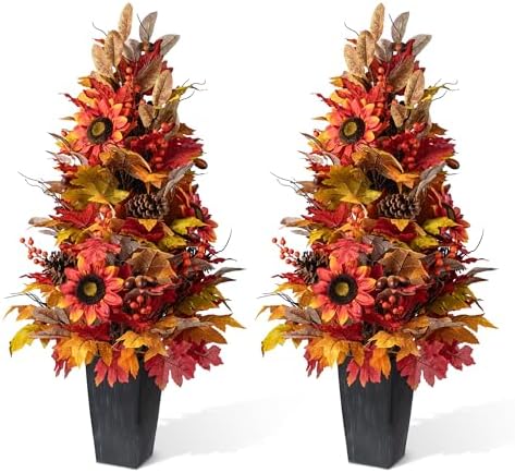 Glitzhome 2 PCS 36”H Fall Porch Tree, Harvest Artificial Porch Tree with Sunflower, Pinecone and Berry Porch & Black Planter, for Autumn Fall Harvest Thanksgiving Christmas Decoration by Glitzhome