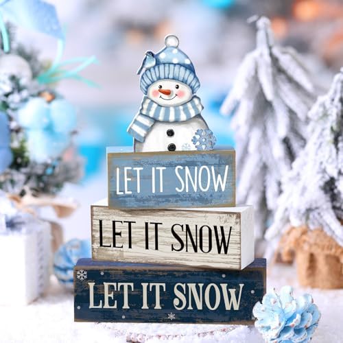 Lineshading 4 Pcs Wooden Snowman Table Decoration, Let It Snow Signs - Image 2