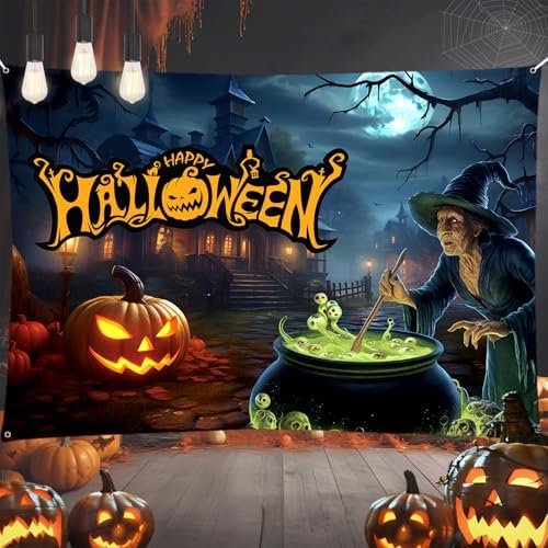 Happy Halloween Banner, Large Fabric Scary Moon Night Witch Pumpkin Castle Halloween Backdrop Banner Party Decorations for Horrible Halloween Photo Background Outdoor Indoor Wall Yard Party Decor by Govpy