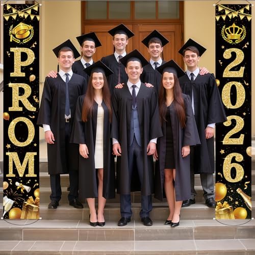 2026 Prom Decorations Banner Set of 2, 12" x 71" Black Gold Graduation Night Party Door Porch Sign Banners for School Home Yard Lawn Front Door Decor, 2026 Pom Parties Backdrop Decoration Indoor Outdoor - Image 6