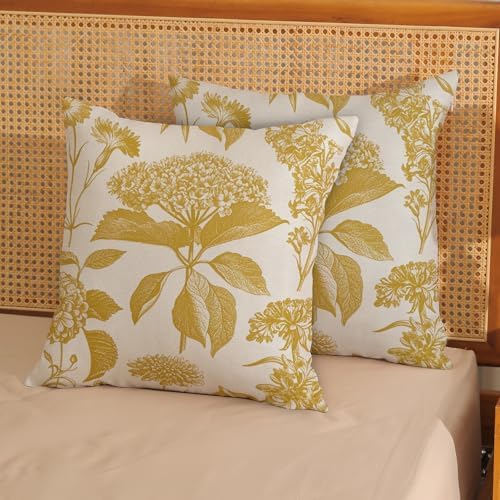 Mustard Yellow Pillow Covers 18x18 Inch 2 Pcs Boho Vintage Floral Decor Throw Pillows Hydrangea Flower Summer Outdoor Farmhouse Neutral Accent Decoration Pillowcase Linen Cushion Cover for Sofa - Image 2