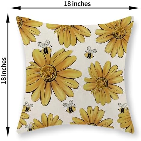 Summer Pillow Covers 18x18 Inch Set of 2 Yellow Floral Bee Sunflowers Throw Pillows Spring Outdoor Decorative Pillow Cases Linen Farmhouse Seasonal Cushion Covers Decor for Living Room Couch - Image 2