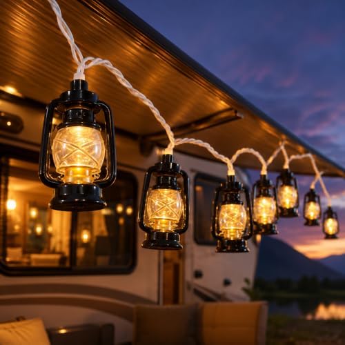 Kerosene Lantern String Lights, 8.5FT Vintage Camping Lights with 10 Black LED Oil Lamps, Waterproof Connectable Plug in Lantern Light for RV Awning, Patio, Tent, Bedroom and Holiday Decor, Warm White by Doratale
