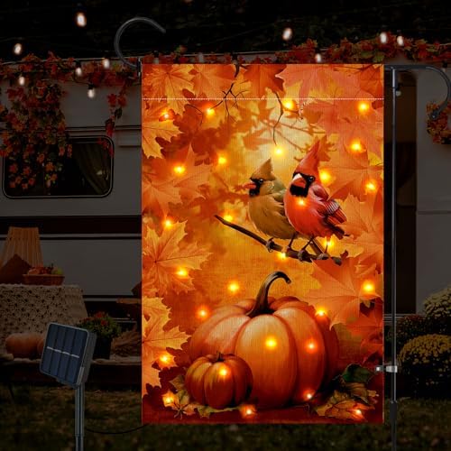 Lighted Cardinals Fall Garden Flag 12 x 18 Inch Double Sided Burlap Led Leaves Bird Garden Flag for Autumn Party Yard Outdoor Decoration - Image 7