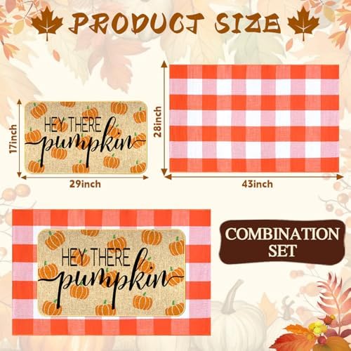 Fall Outdoor Rug Set, Hello Pumpkin Door Mat 28 x 43 in, 2 Pcs Welcome Mat Set, Orange and White Plaid Rug, Fall Front Porch Entryway Doormat Indoor Outdoor Decor, Thanksgiving Buffalo Plaid Mats - Image 2