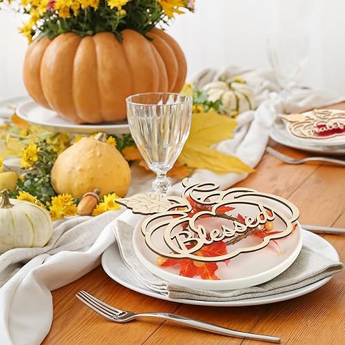 12 Pcs Thanksgiving Pumpkin Wooden Plate Decor Grateful Wood Cutouts Fall Autumn Thankful Blessed Favour Gather Party Place Card Table Settings Signs for Farmhouse Dining Table Holiday Harvest - Image 2