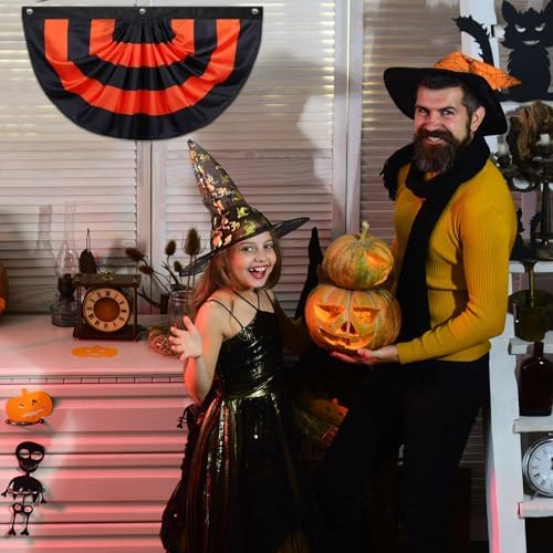 Newwiee 4 Pcs 4 x 2 ft Halloween Flag Bunting Half Fan Hanging Pleated Flag Banner with 3 Grommets for Halloween Indoor Outdoor House Holiday Yard Decorations Party Props, Black Orange - Image 5