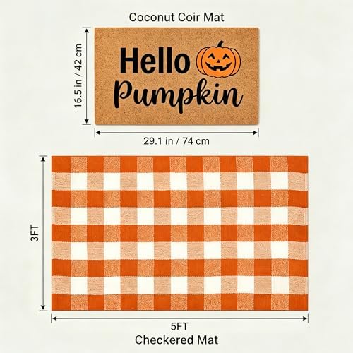 Fall Decor Halloween Layered Front Doormat Set, Hello Natural Coco Coir Door Mat + 3'x5' Orange White Buffalo Plaid Rug, Non-Slip Porch Rug Outdoor Entryway Decor for Front Porch, Patio - Image 2