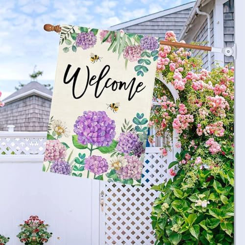 Baccessor Summer Hydrangea House Flag Double Sided 28x40 Inch, Purple Flower Floral Welcome House Flag Burlap Seasonal Farmhouse Yard Outdoor Decoration (Large) - Image 3