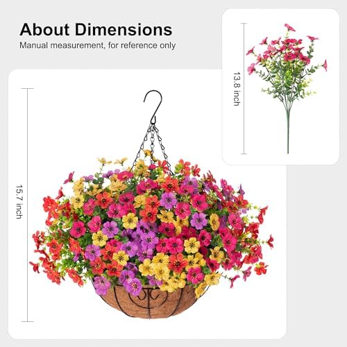florisso Artificial Fake Hanging Flowers Plants Basket for Summer Outdoor Outside Decoration, Faux Silk Colorful Daisy in Planter Look Real UV Resistant, Home Porch Patio Balcony Yard Decor - Image 2