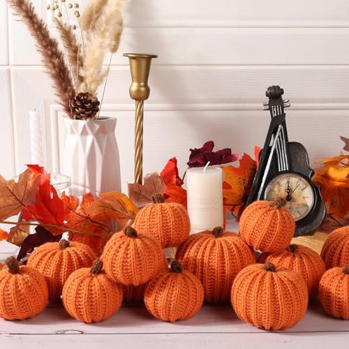 12-Pack Fall Crochet Pumpkins Handmade Fall Decor Set with 2.36, 3.15, 4inch Sizes Knit Pumpkins Farmhouse Thanksgiving Table Centerpiece, Halloween Decorations (Rustic Fall Color) - Image 5