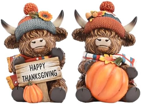 Valery Madelyn Fall Decorations for Home, 2 Pcs Thanksgiving Highland Cow Pumpkin Decor for Table Indoor Outdoor, Resin Fall Decor Sunflower Garden Figurines for Autumn Harvest Porch Tiered Tray, 5" by ValeryMadelyn