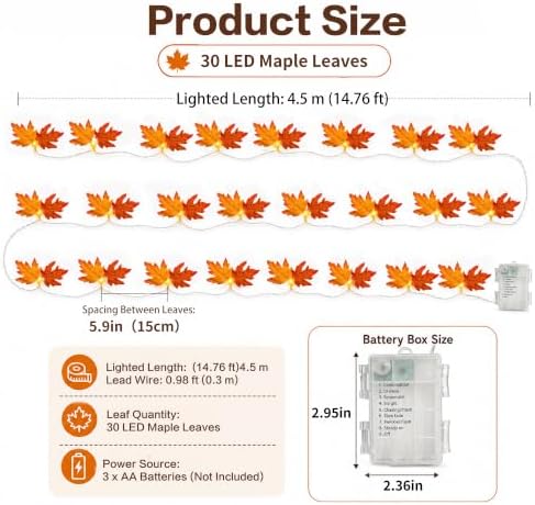 Fall Maple Leaf String Lights, 14.7 ft, 30 LED, Battery-Powered - Image 3