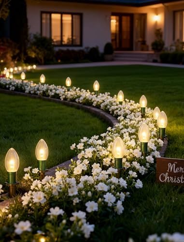 C9 Christmas Pathway Lights Outdoor, 38Ft Outside Christmas Decorations with 25 7W Clear Bulbs and Stakes, Waterproof Walkway String Lights for Outside Driveway Sidewalk Yard Path Holiday Xmas Decor - Image 5
