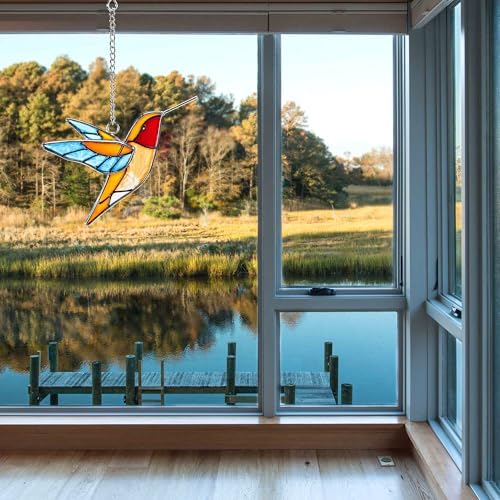 Stained Glass Hummingbird Suncatcher, Blue Wings, 4.9 Inch - Image 4