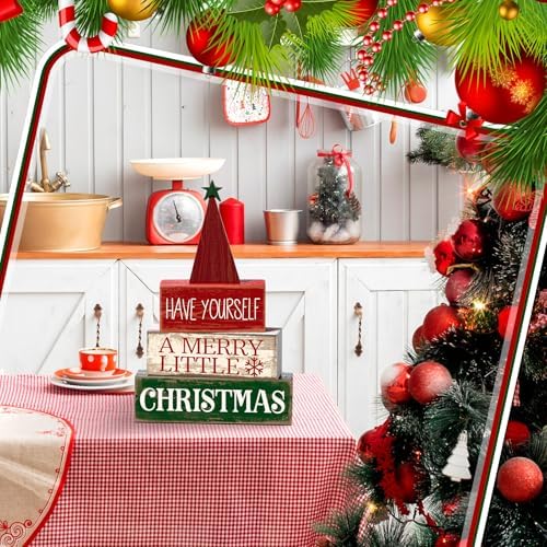 Moucuny 4 Pcs Christmas Decor Wooden Christmas Tree Sign Tiered Tray Decor - Image 5