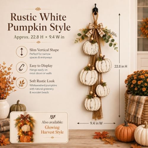 Rustic Wooden Pumpkin Door Hanging with Warm LED Lights, Rustic White Pumpkin Hanging Swag, Fall Decor Gift, Glowing Wreath, Farmhouse Porch Front Door Decoration Home(White with Light) - Image 3