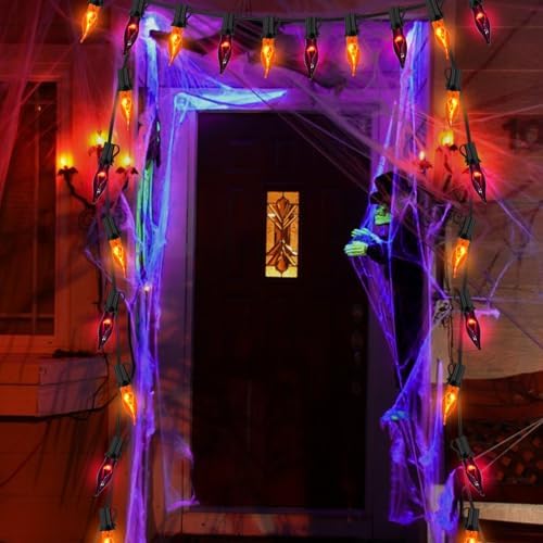 Halloween Decorations Indoor Outdoor - Flickering Flame String Lights Orange and Purple Halloween Lights, 12.8Ft C18 Retro Twinkle Flame String Lights with 12 Flame Light Bulbs (2 Spare E12 Bulbs) - Image 6
