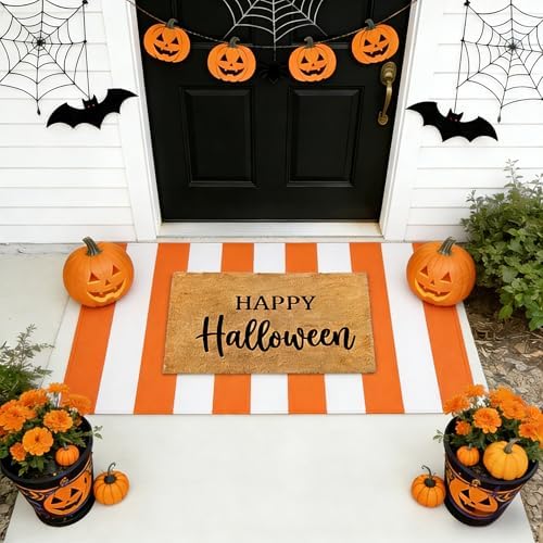 SEEKSEE Happy Halloween Decor Doormat Set, Thick Coco Coir Door Mat + Orange and White Striped Rug, Outdoor Layered Mat for Front Door Non-Slip Backing Floor Mat for Porch - Image 3