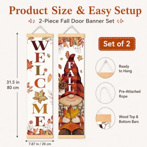 Welcome Fall Door Banner Set of 2, Gnome Leaf Porch Decor for Home - Image 2