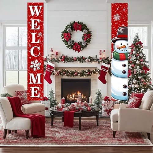 Christmas Banner Christmas Hanging Decorations Xmas Porch Sign Snowman Wall Decor Winter Welcome Signs for Home Yard Front Door Outdoor Indoor Holiday Party Decorations 72"x12 - Image 2