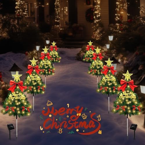 Christmas Tree Solar Pathway Lights Outdoor Decor, 4 Pack, Green - Image 5