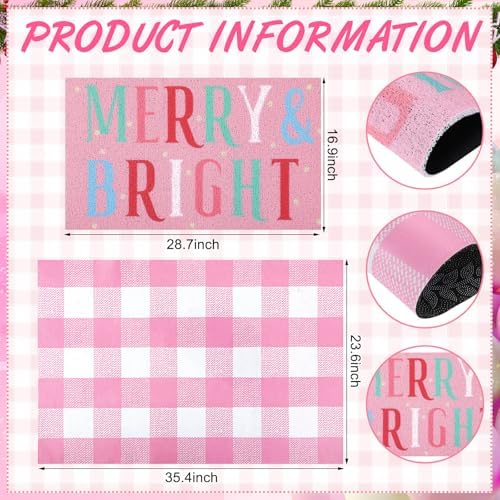 Drydiet 2 Pcs Christmas Doormat, Pink Merry & Bright Plaid Front Door Rug - Image 2