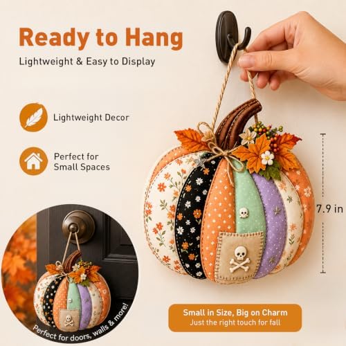 Autumn Retro Patchwork Pumpkin Door Hanging with Lights ，A - Image 3