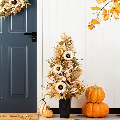 Glitzhome 36”H Fall Porch Tree, Harvest Artificial Porch Tree with Sunflower, Pinecone and Berry Porch & Black Planter, for Autumn Fall Harvest Thanksgiving Christmas Decoration - Image 4