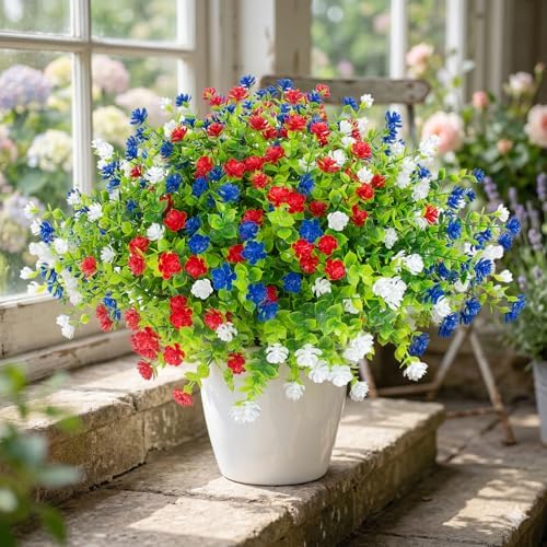 Hananona 24 Pcs Artificial Flowers Outdoor, Faux Artificial Plants UV Resistant Plastic Patriotic Flower Bulk for 4th of July Hanging Planter Porch Window Home Summer Decor (24, Red, White, Blue) - Image 6