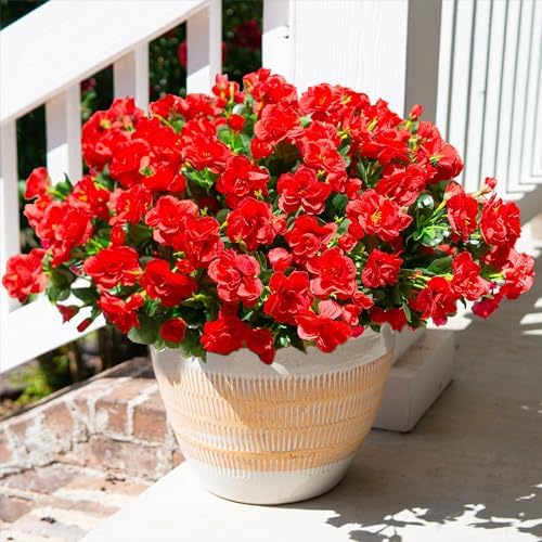 HyeFlora Artificial Fake Flowers for Outdoor Outside Spring Decoration, Fake Silk Red Camellia Flower UV Resistant Realistic Plants for Planter Front Door Porch Patio Table Indoor, 3 Large Bundles by HyeFloraartificialflowers